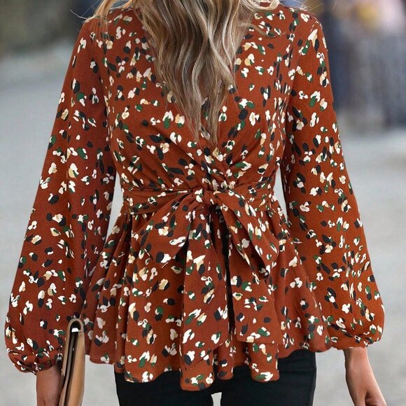 Brown Casual Women's Allover Print Lantern Sleeve Belted Peplum Blouse - Picture 6 of 6
